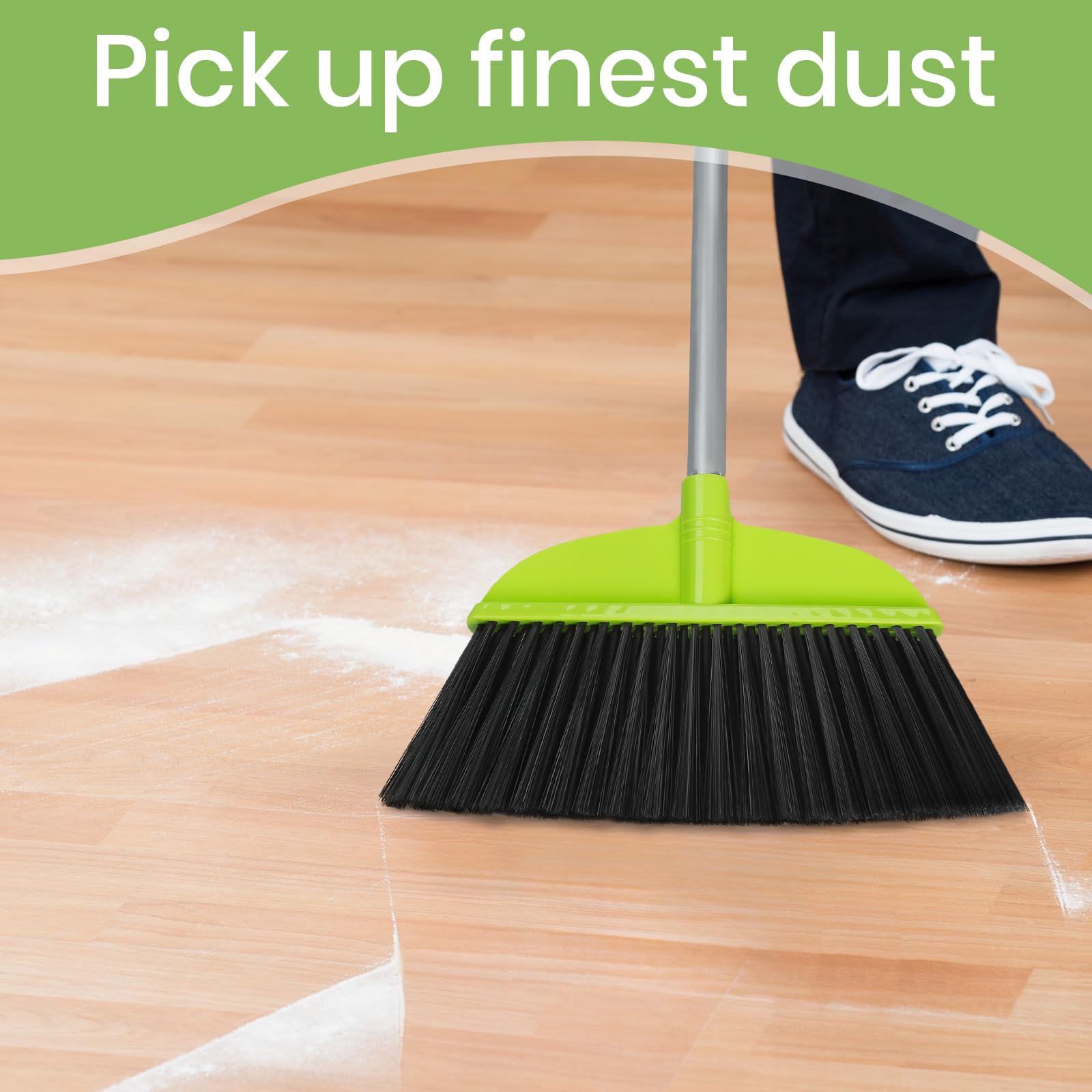 3 Packs Indoor Brooms for Sweeping Hardwood Floor Green Angle Broom with 55” Long Handle for Kitchenette Floor Cleaning