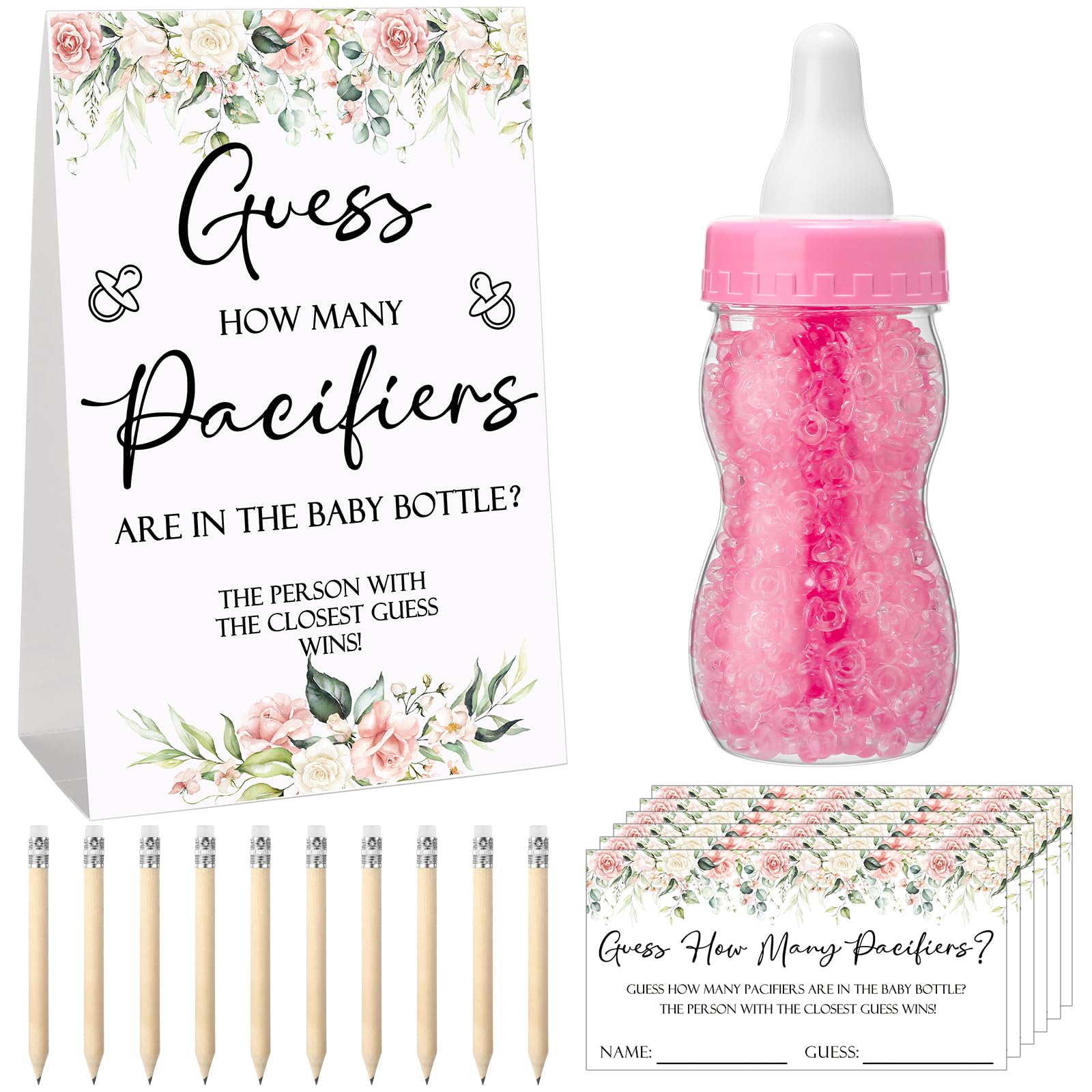 Roowest 512 Pcs Baby Shower Games Guess How Many Pacifiers Greenery Game Sign 100 Small Guessing Games 10 HB Pencils 750ml Milk Bottle 400 Acrylic Pacifiers Decoration Guest Gender Reveal(Pink,Flower)