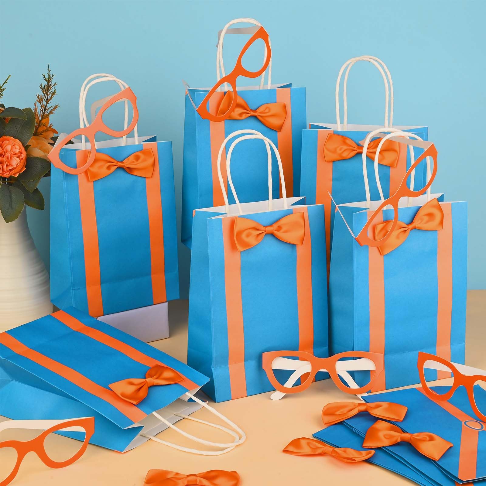 Bolsome 20Pcs Orange Blue Party Favor Bags with 20Pcs Paper Glasses and Bow Tie Blue Orange DIY Paper Gift Bags with Handles for Kids for Construction Birthday Party Baby Shower Supplies