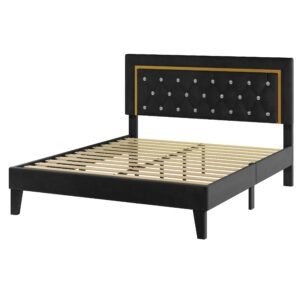 Fastroby Black Queen Size Bed Frame with LED Light, Adjustable Headboard Tufted, Velvet Upholstered Platform Bed Frame No Box Spring Needed, Easy Assembly