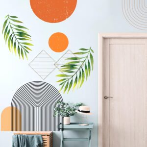 VePret Boho Mid-Century Modern Wall Decals Peel and Stick, Large Archs Sun Vinyl Wall Stickers, Removable Leaves Plants Home Decor Art for Bedroom Living Room Classroom Office