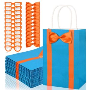 Bolsome 20Pcs Orange Blue Party Favor Bags with 20Pcs Paper Glasses and Bow Tie Blue Orange DIY Paper Gift Bags with Handles for Kids for Construction Birthday Party Baby Shower Supplies