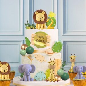 25 PCS Safari Animal Cake Toppers Jungle Wild Cake Decorations with Green Balls Plam Leaves for Wild Animals Themed Birthday Baby Shower Party Supplies