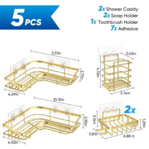 Hsiohe Gold Corner Shower Caddy, Adhesive Shower Organizer for Bathroom Storage, Rustproof Stainless Steel Shower Shelves, No Drilling, Space-Saving Shower Rack Shelf for Inside Shower 5 Pack