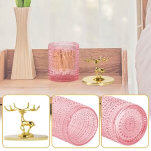 Tonxus 2-Pack Glass Qtip Holder Dispenser Set,Apothecary Jars with Gold Metal Lid,Cute Bathroom Qtips Jars,Cotton Ball Organizer for Cotton Swab,Round Pads,Floss Picks,Bath Salt,Makeup (Pink A)