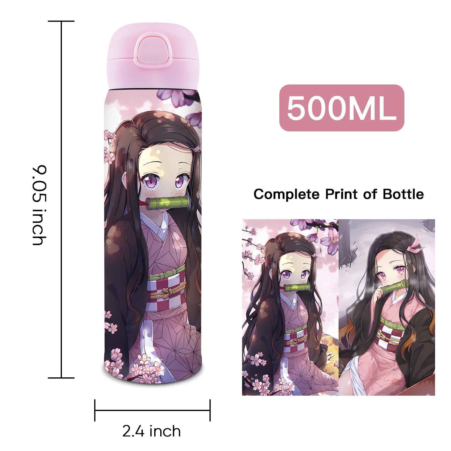 CNEISEJK Anime Slayer Water Bottle with Straw, Vacuum Insulated Kimetsu no Nezuko Tanjirou Cosplay Stainless Steel 16.9oz Cup Thermoses with Locking Cover Leak-Proof Design (WB-Douzi xg 2403), 500ML