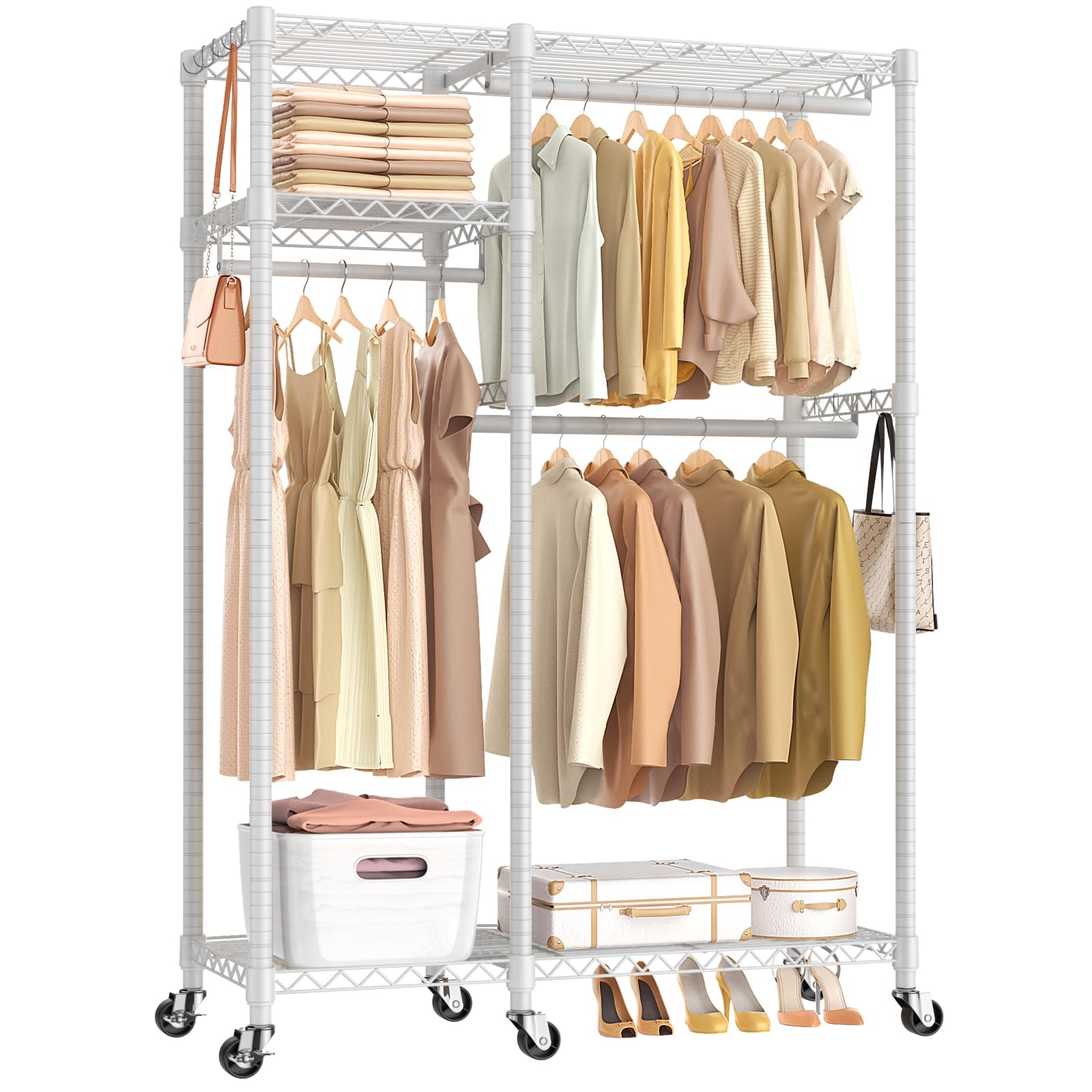 Memobarco Clothing Racks with Wheels for Hanging Clothes with Shelves, Closet Organizers and Storage Metal Heavy Duty,Rolling Wardrobe Garment-Rack Metal Wire Shelving Freestanding, White