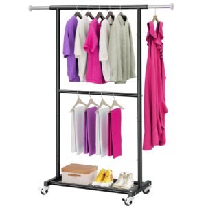 MWQ Double Rod Clothes Garment Rack on Wheels, 50in Long Rolling Clothing Storage Organizer with Adjustable Rod and Shelf, Black