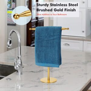 Gold Hand Towel Holder Stand for Bathroom Vanity Countertop Stainless Steel T-Shape Free Standing Towel Rack Stand Towel Bar for Bathroom Kitchen (Gold)