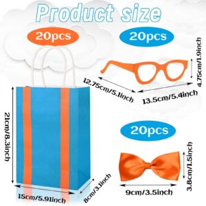 Bolsome 20Pcs Orange Blue Party Favor Bags with 20Pcs Paper Glasses and Bow Tie Blue Orange DIY Paper Gift Bags with Handles for Kids for Construction Birthday Party Baby Shower Supplies