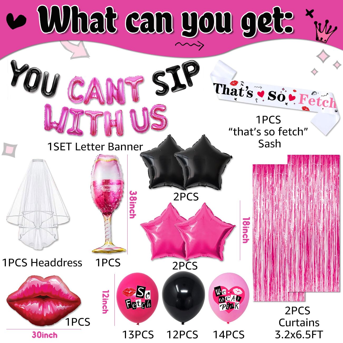 Mean Girls Birthday Party Decorations Girls Bachelorette Party Decorations You Can't Sip With Us Banner Hot Lip Balloons for Burn Book Girls Y2K Bridal Shower Wedding Bachelorette Party Supplies