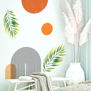 VePret Boho Mid-Century Modern Wall Decals Peel and Stick, Large Archs Sun Vinyl Wall Stickers, Removable Leaves Plants Home Decor Art for Bedroom Living Room Classroom Office