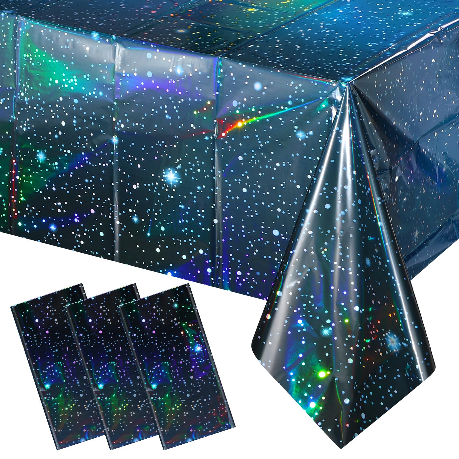 YIDAKO 3Pcs Iridescent Space Tablecloths, Disposable Plastic Blue Galaxy Table Cloth Rectangle Table Covers for Space Starry Night Star Theme Party Birthday Party Decorations, 54x108 Inch