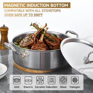 Inqibee Tri-Ply Stainless 7 QT Sauté Pan with Steel Lid, 12 Inch Induction Deep Frying Pan, Braiser Pan, Large Skillet, Jumbo Cooker, Heavy Duty,Dishwasher and Oven Safe.