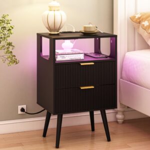 joonee black nightstand with charging station and led lights,modern bedside table with 2 storage drawer and open wood shelf, for bedroom and small spaces,night stand with solid wood legs,black