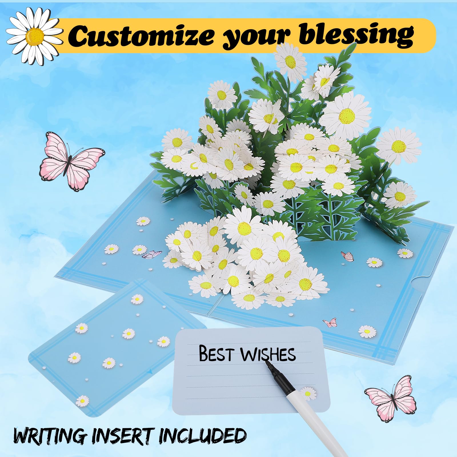 Omgpeike 3D Daisy Flowers Pop Up Card for Teacher Appreciation Gifts, Thank You, Congratulations, Suitable for Mom, Daughter, Wife, Grandma