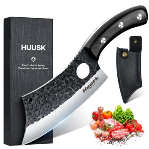 huusk knives japan, hand forged meat cleaver knife with sheath, high carbon steel kitchen knife for meat and vegetables, full tang butcher knife for camping, bbq, gift for men women