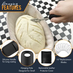 MEKER Hand Crafted Bread Lame for Dough Scoring Knife, Upgraded Silicone Handle Tool Sourdough Slashing with 10 Blades Included Removable Leather Protector Cover, Black