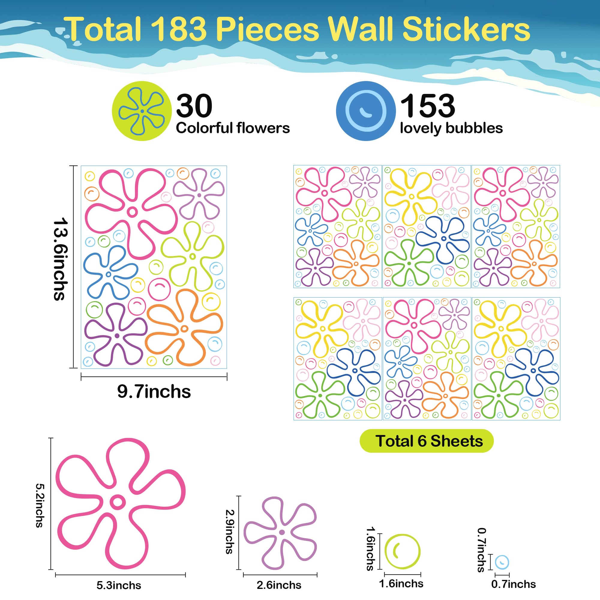 Dripykiaa 183 Pieces Flowers Bubbles Wall Decals Under The Sea Birthday Party Decorations Wall Stickers for Bedroom Bathroom Decor Wall Decor for Boys Girls Teens Adults