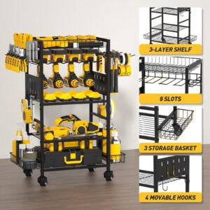 Mefirt Power Tool Organizer Cart, Heavy Duty 5 Tier Rolling Tool Cart on Wheels, Garage Floor Standing Rolling Storage Cart with Drill Set Rack, Mechanic Utility Cart for Workbench & Outdoors Working