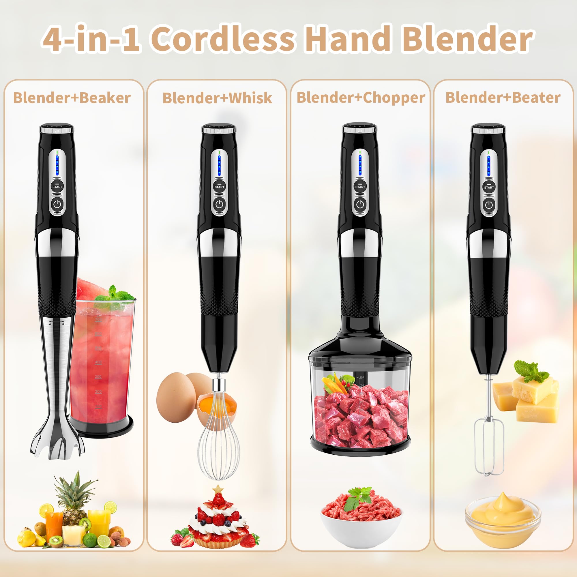 Cordless Immersion Blender: 4-in-1 Rechargeable Electric Hand Blender, 21-Speeds & 3-Angle Adjustable with 700ml Chopper, 700ml Beaker, Egg Whisk and Beater for Smoothies, Soup, Baby Food (Black)