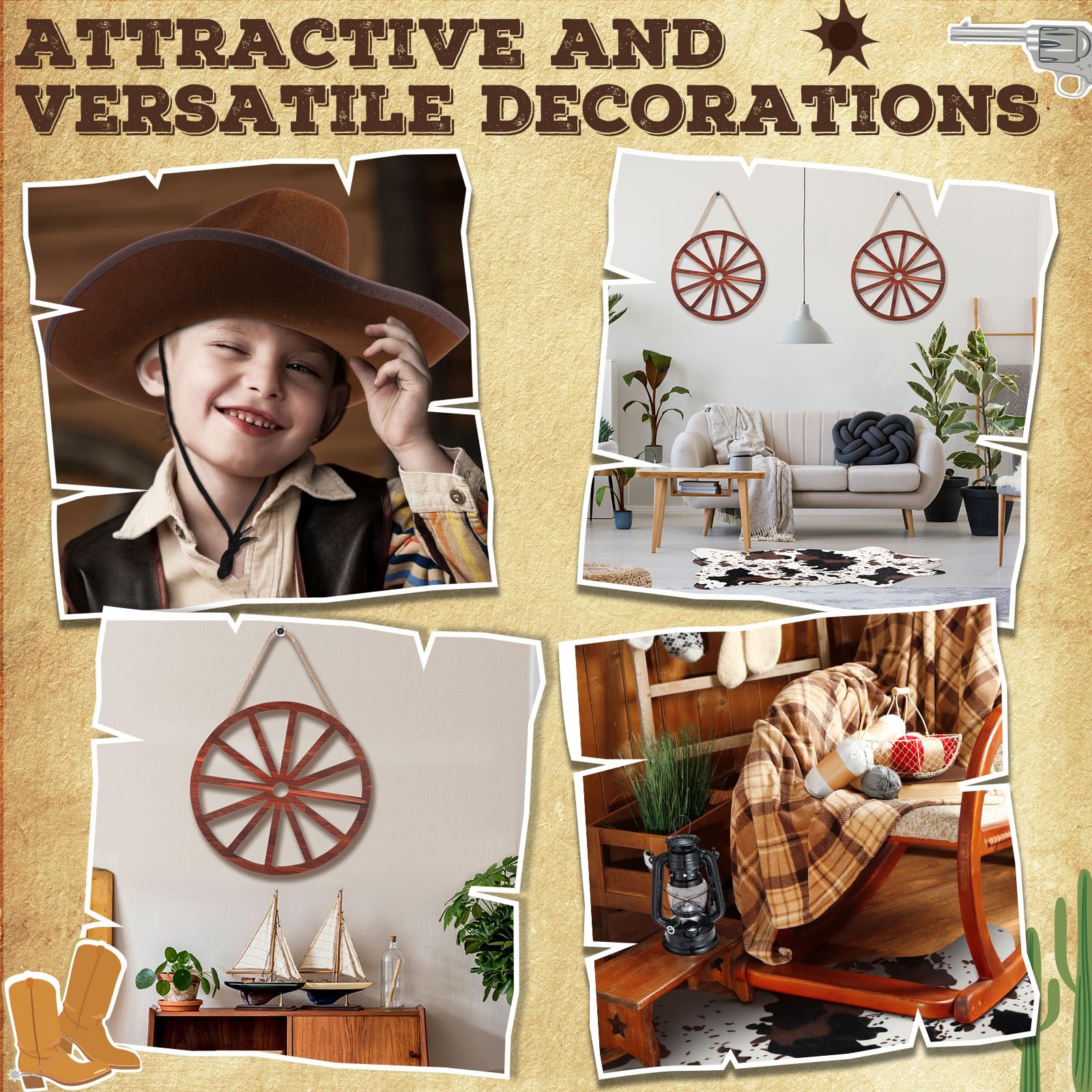 Yuefunny 7 Pcs Western Cowboy Party Decorations Cowhide Rug Wooden Wagon Wheel Brown Cowboy Hat Cast Iron Horseshoe Kerosene Lamp Golden Rope for Theme Birthday Go Wild Party Decor Wild West Party