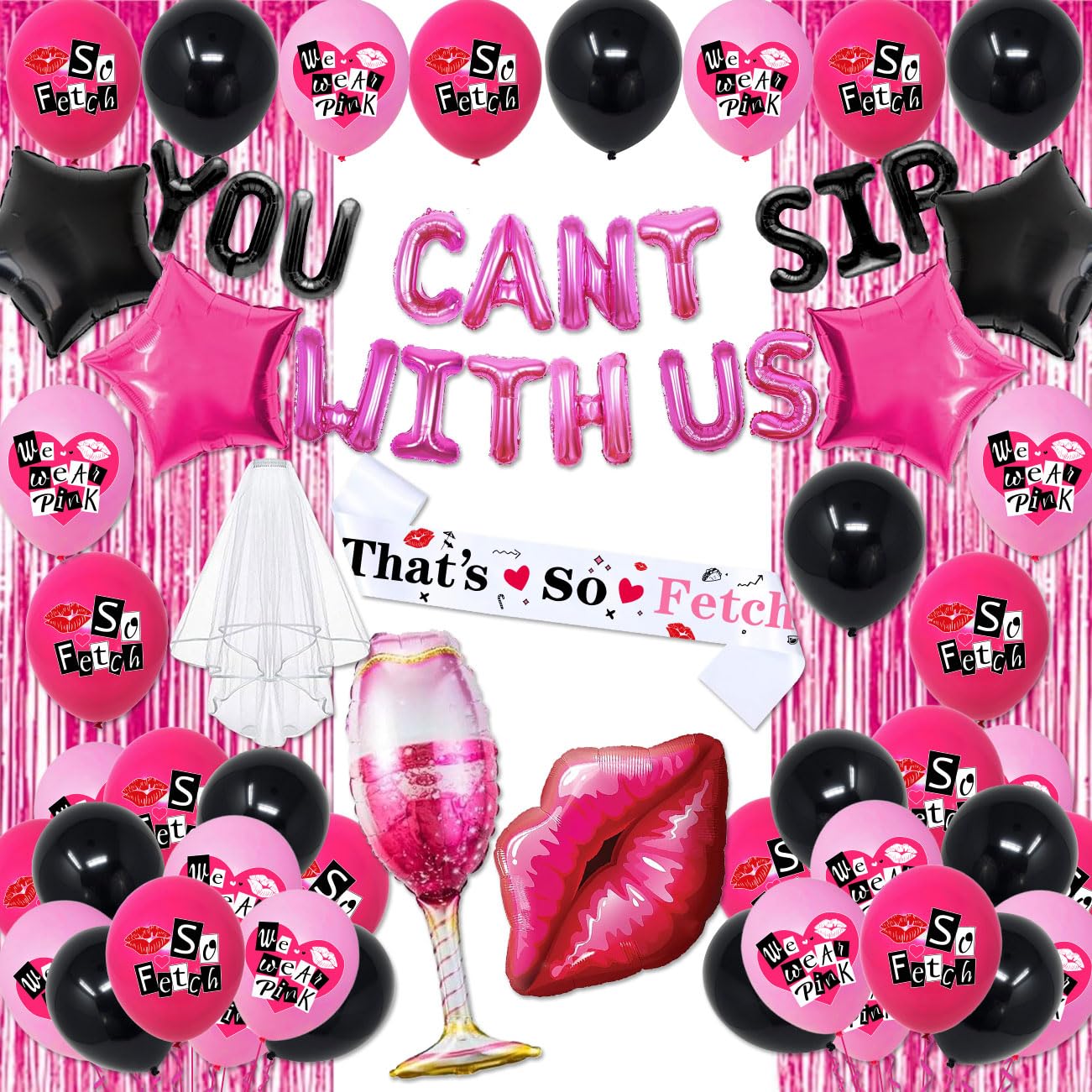 Mean Girls Birthday Party Decorations Girls Bachelorette Party Decorations You Can't Sip With Us Banner Hot Lip Balloons for Burn Book Girls Y2K Bridal Shower Wedding Bachelorette Party Supplies