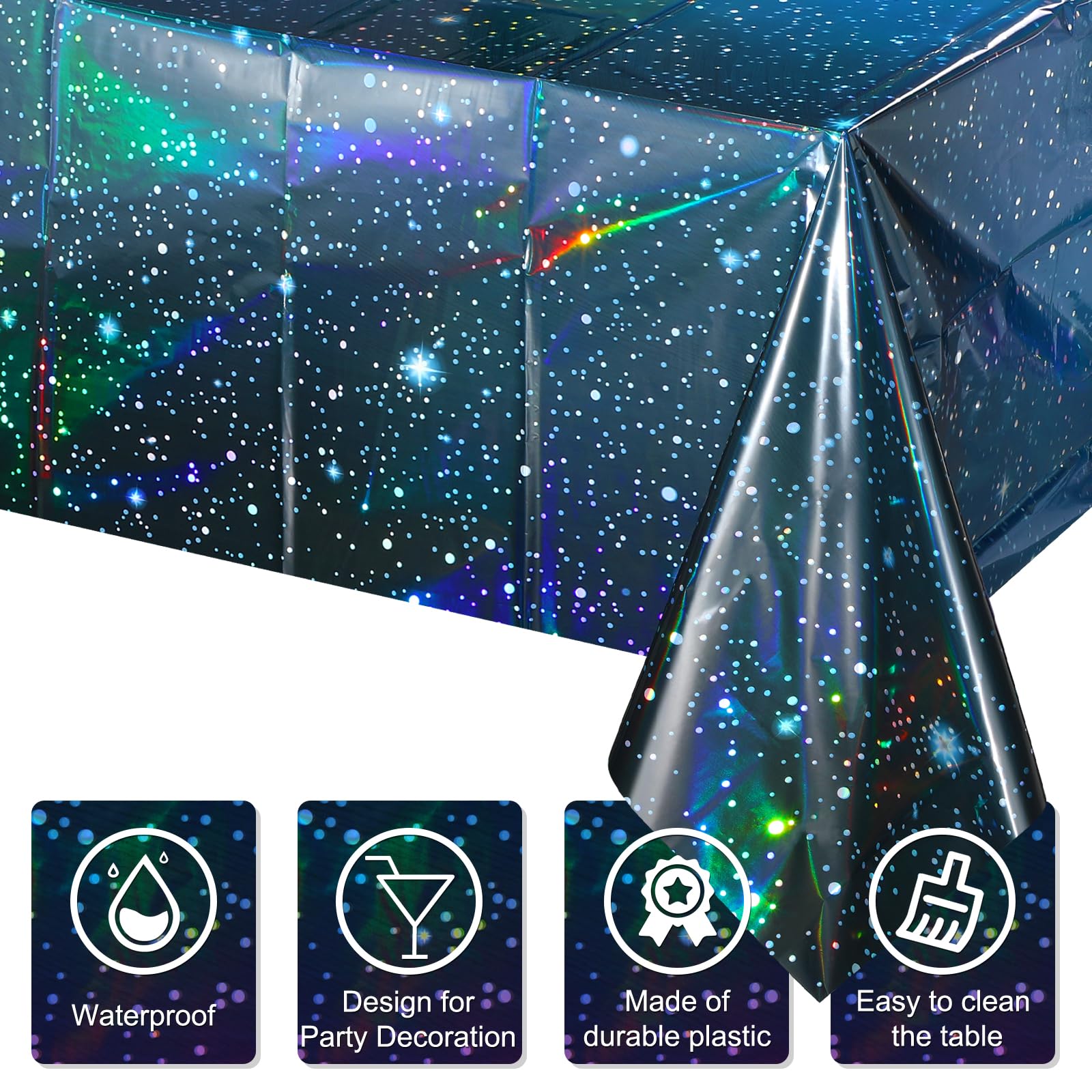 YIDAKO 3Pcs Iridescent Space Tablecloths, Disposable Plastic Blue Galaxy Table Cloth Rectangle Table Covers for Space Starry Night Star Theme Party Birthday Party Decorations, 54x108 Inch