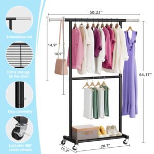 MWQ Double Rod Clothes Garment Rack on Wheels, 50in Long Rolling Clothing Storage Organizer with Adjustable Rod and Shelf, Black