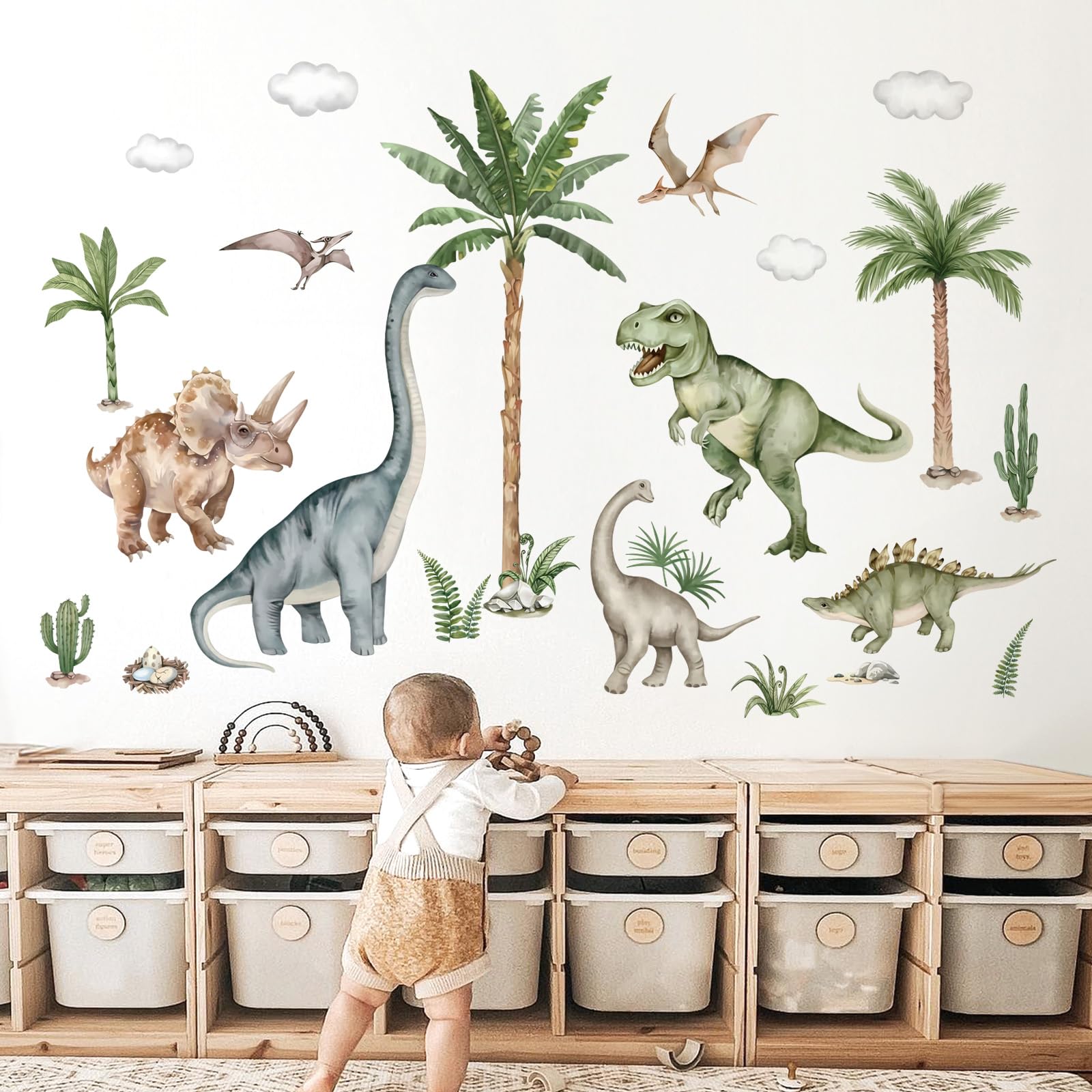 wondever Large Dinosaur Wall Stickers Tropical Animal Dino Palm Tree Plants Wall Art Decals for Boys Room Baby Nursery Kids Bedroom (164 * 83cm)