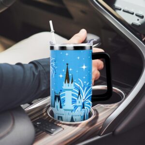 Sxdcfrs Cartoon Castle Tumbler 40 Oz With Lid and Straw Stainless Steel Insulated with Handle Blue Firework Travel Coffee Mug - Birthday,Christmas Gift