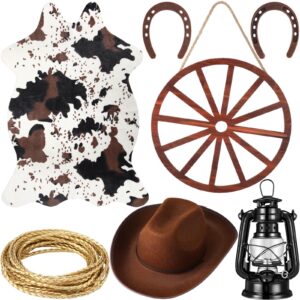 yuefunny 7 pcs western cowboy party decorations cowhide rug wooden wagon wheel brown cowboy hat cast iron horseshoe kerosene lamp golden rope for theme birthday go wild party decor wild west party