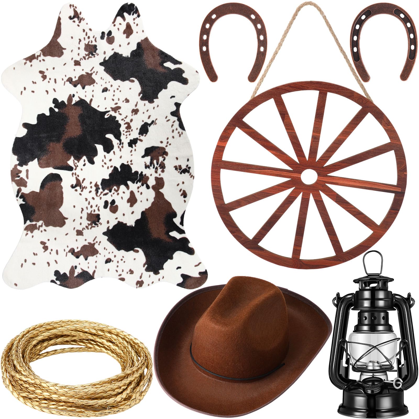 Yuefunny 7 Pcs Western Cowboy Party Decorations Cowhide Rug Wooden Wagon Wheel Brown Cowboy Hat Cast Iron Horseshoe Kerosene Lamp Golden Rope for Theme Birthday Go Wild Party Decor Wild West Party