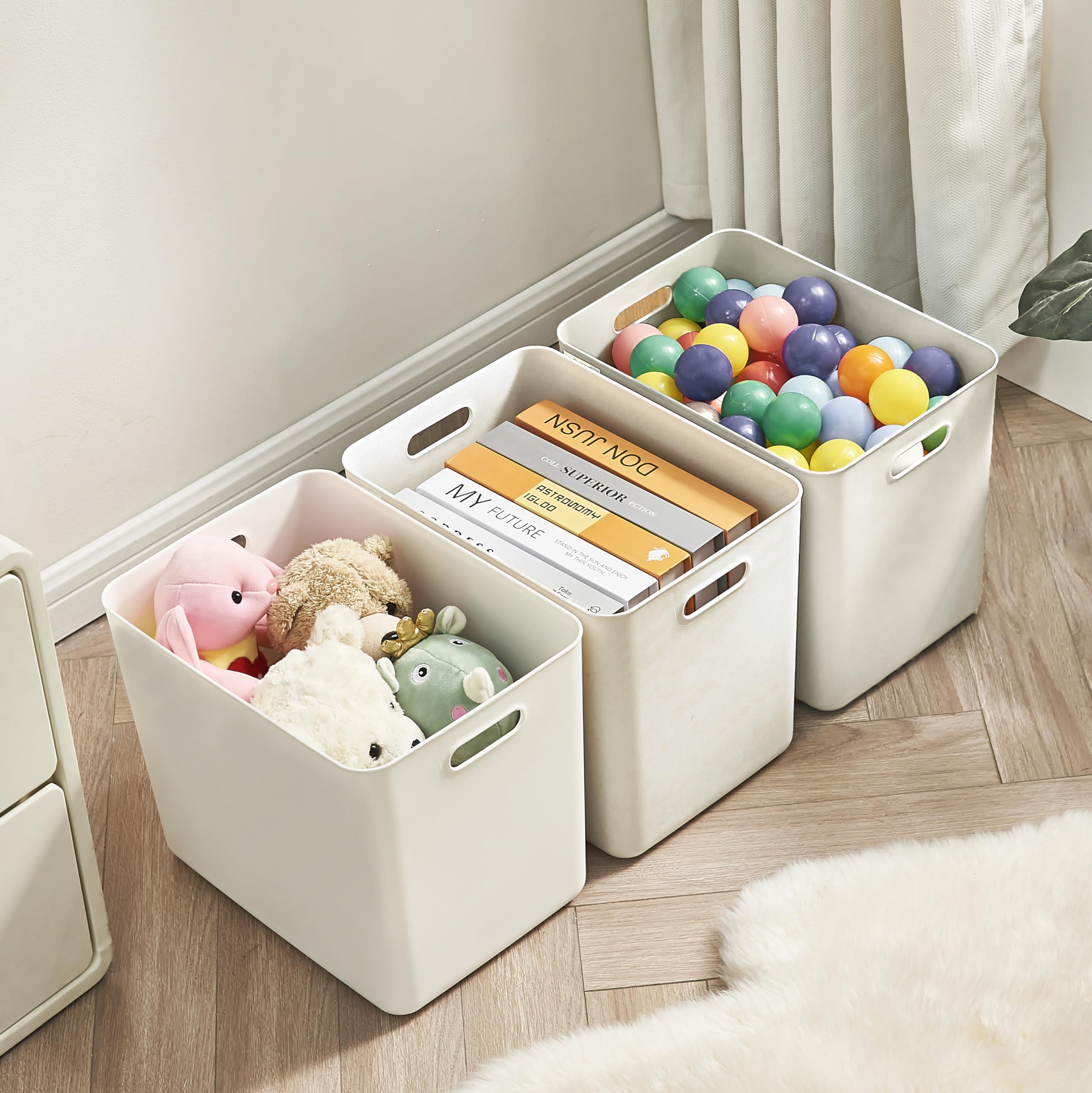 Gaoaodeyu 4 pack large plastic White storage bins Baskets, Toy Box Chest with Lids and Handle，Organizer Containers for Baby，Kids,snacks,Nursery，Shelves，Playroom, Bedroom，Office,Closet，home