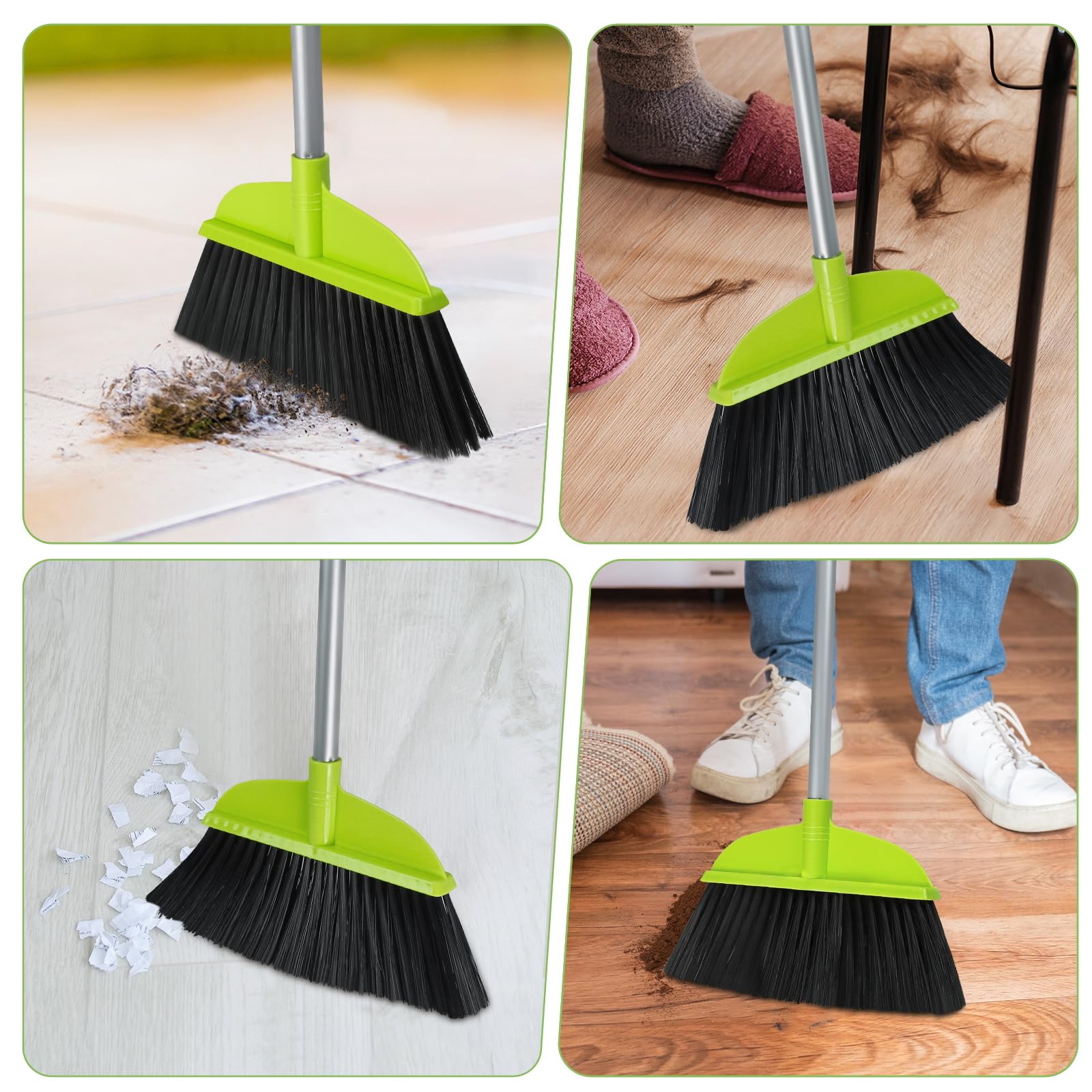 3 Packs Indoor Brooms for Sweeping Hardwood Floor Green Angle Broom with 55” Long Handle for Kitchenette Floor Cleaning