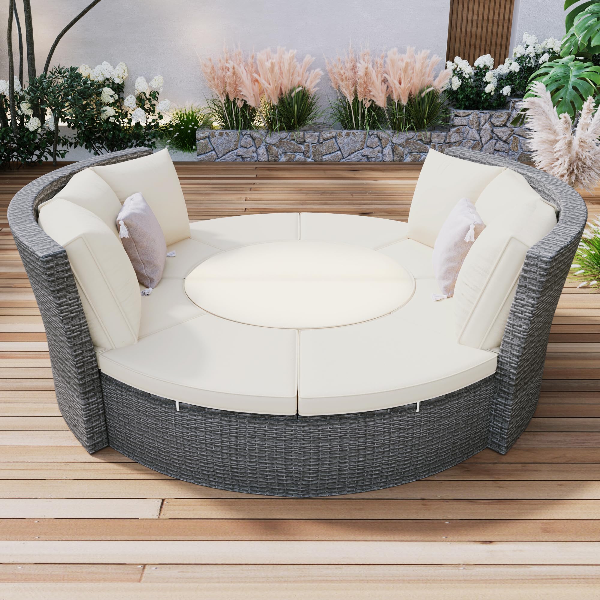 LOUHME 5-Piece Round Rattan Sectional Sofa Set, All-Weather PE Wicker Outdoor Sunbed Daybed with Round Liftable Table and Washable Cushions for Garden Backyard Poolside, Beige