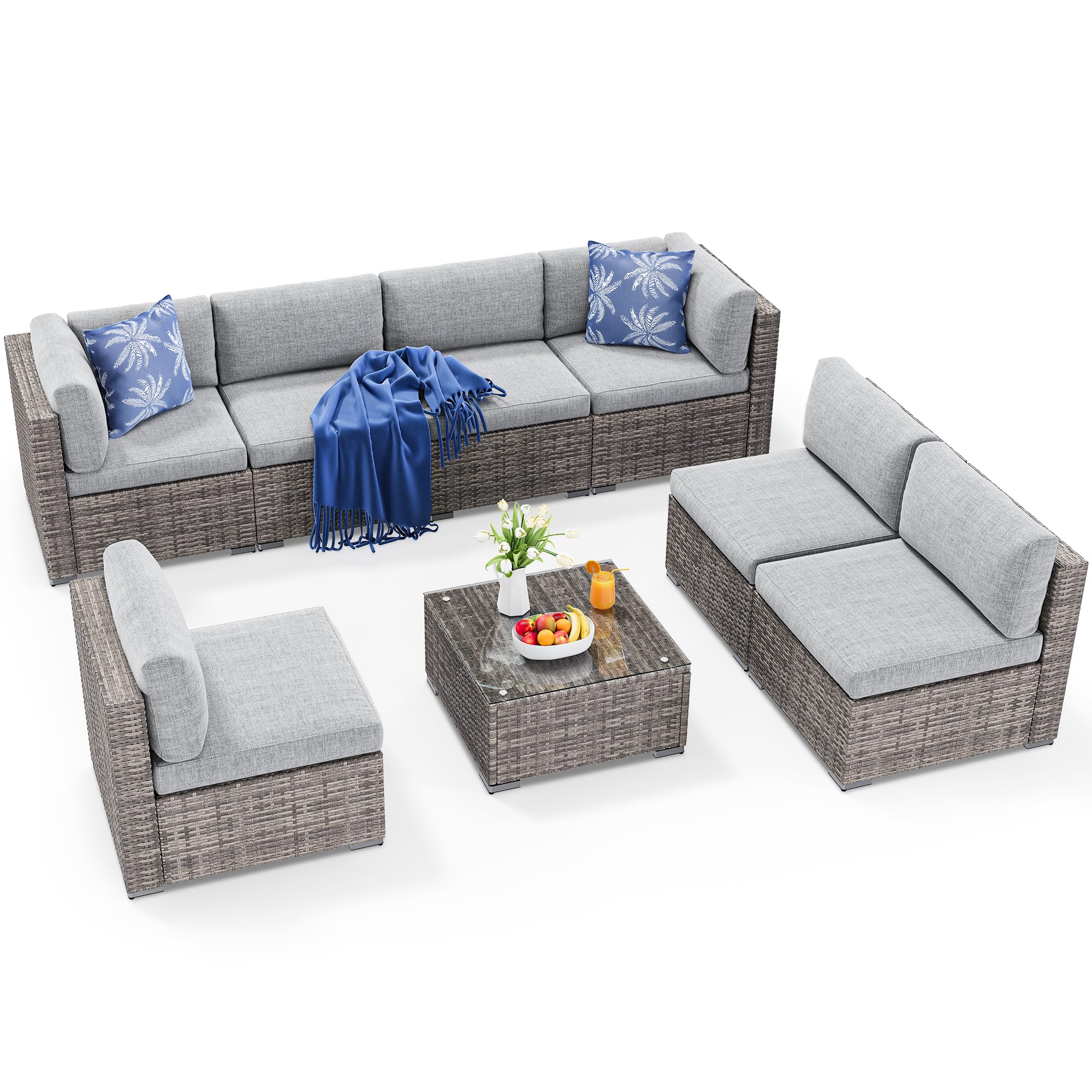 YITAHOME 8 Pieces Outdoor Patio Furniture Set, Sectional Sofa PE Rattan Wicker Conversation Set Outside Couch w/Table and Cushions for Porch Lawn Garden Backyard,Gray