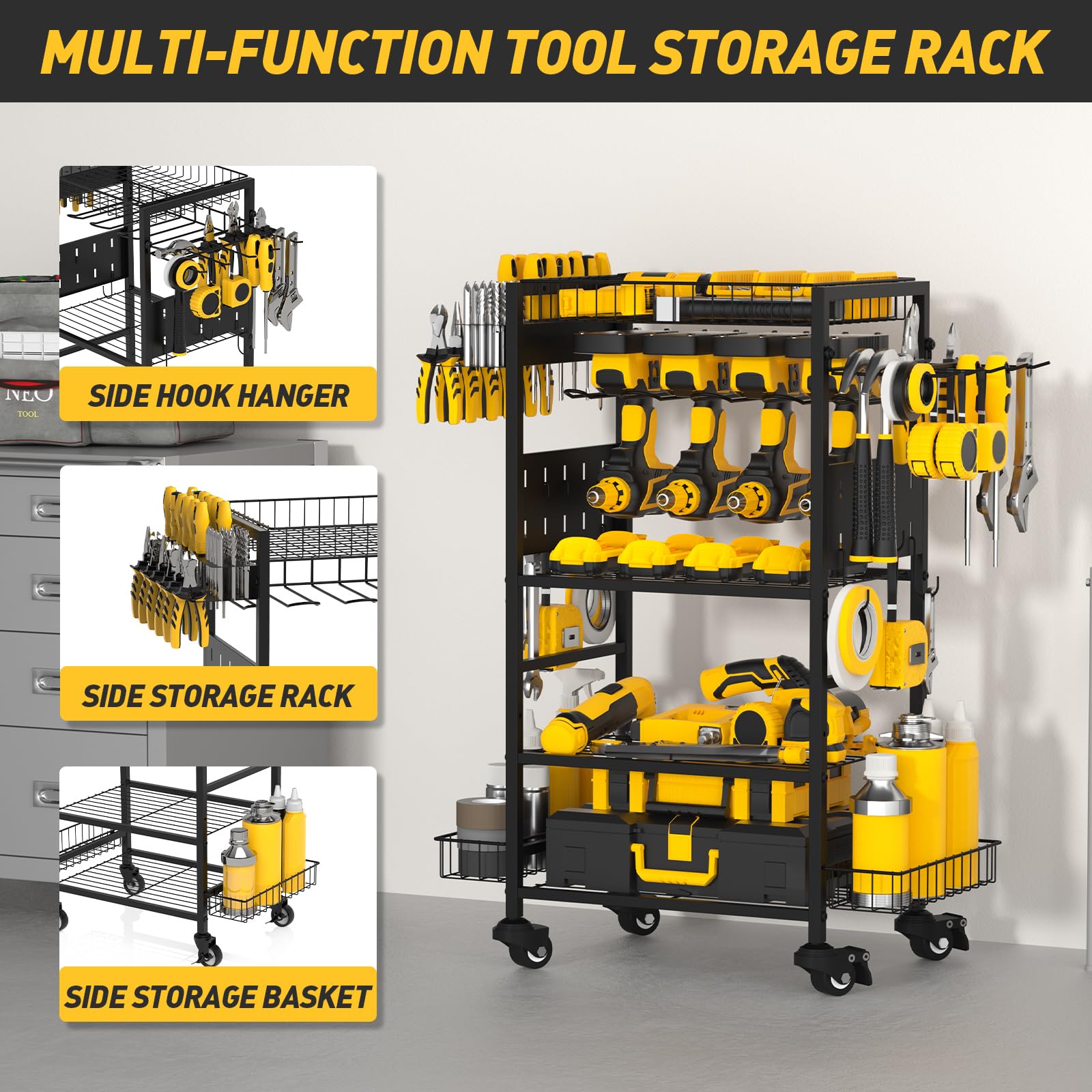 Mefirt Power Tool Organizer Cart, Heavy Duty 5 Tier Rolling Tool Cart on Wheels, Garage Floor Standing Rolling Storage Cart with Drill Set Rack, Mechanic Utility Cart for Workbench & Outdoors Working