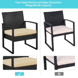 Yaheetech 3-Piece Patio Furniture Set, Rattan Wicker Outdoor Chairs Set of 2 w/Coffee Table - PE Rattan Chair Balcony Conversation Set for Yard/Bistro/Garden/House/Porch, Black/Khaki