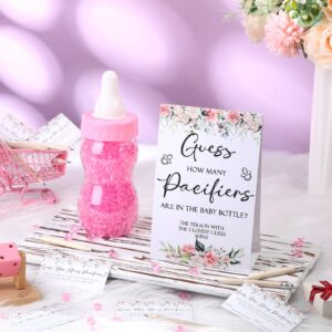 Roowest 512 Pcs Baby Shower Games Guess How Many Pacifiers Greenery Game Sign 100 Small Guessing Games 10 HB Pencils 750ml Milk Bottle 400 Acrylic Pacifiers Decoration Guest Gender Reveal(Pink,Flower)