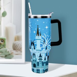 Sxdcfrs Cartoon Castle Tumbler 40 Oz With Lid and Straw Stainless Steel Insulated with Handle Blue Firework Travel Coffee Mug - Birthday,Christmas Gift