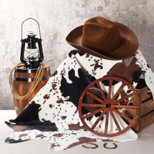 Yuefunny 7 Pcs Western Cowboy Party Decorations Cowhide Rug Wooden Wagon Wheel Brown Cowboy Hat Cast Iron Horseshoe Kerosene Lamp Golden Rope for Theme Birthday Go Wild Party Decor Wild West Party