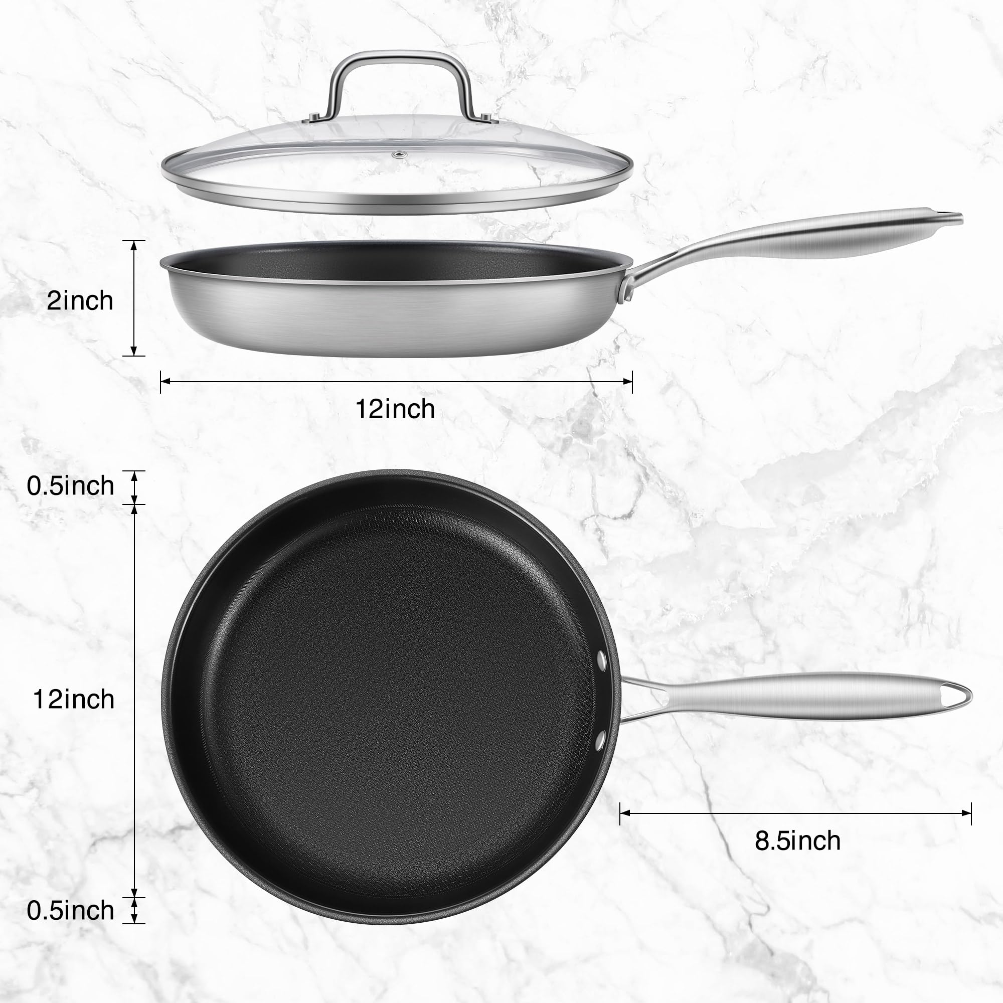 Leetaltree 12 Inch Frying Pan with Lid, Whole body Tri-Ply Stainless Steel Skillet for Gas Electric Induction Ceramic Stoves and Oven