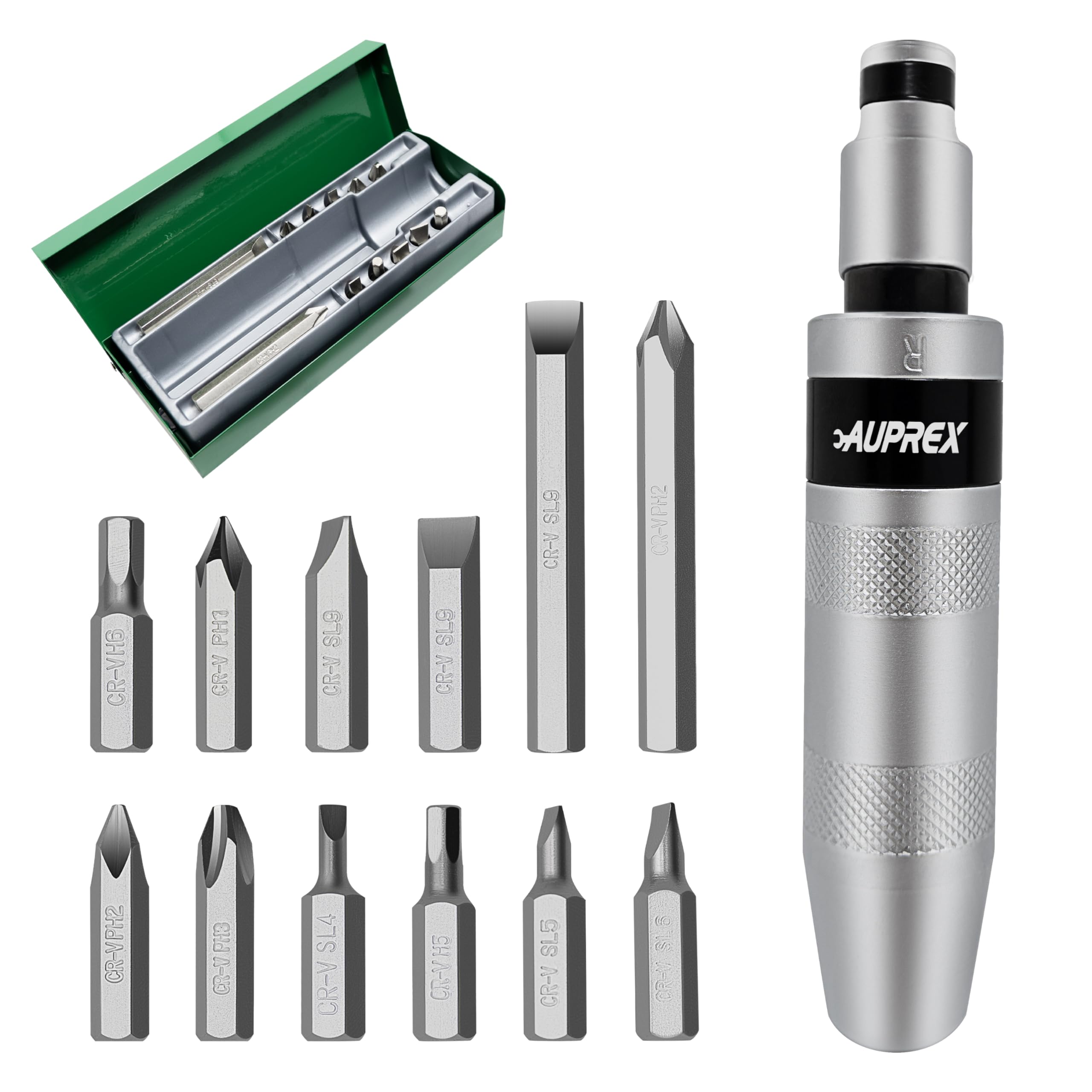 AUPREX Manual Impact Screwdriver, 1/2” Reversible Hand Impact Driver Set, Hammer Screwdriver with 12-Piece CR-V Slotted, Phillips, Hexagonal Bits Set for Removing Rusted Fasteners or Frozen Bolts