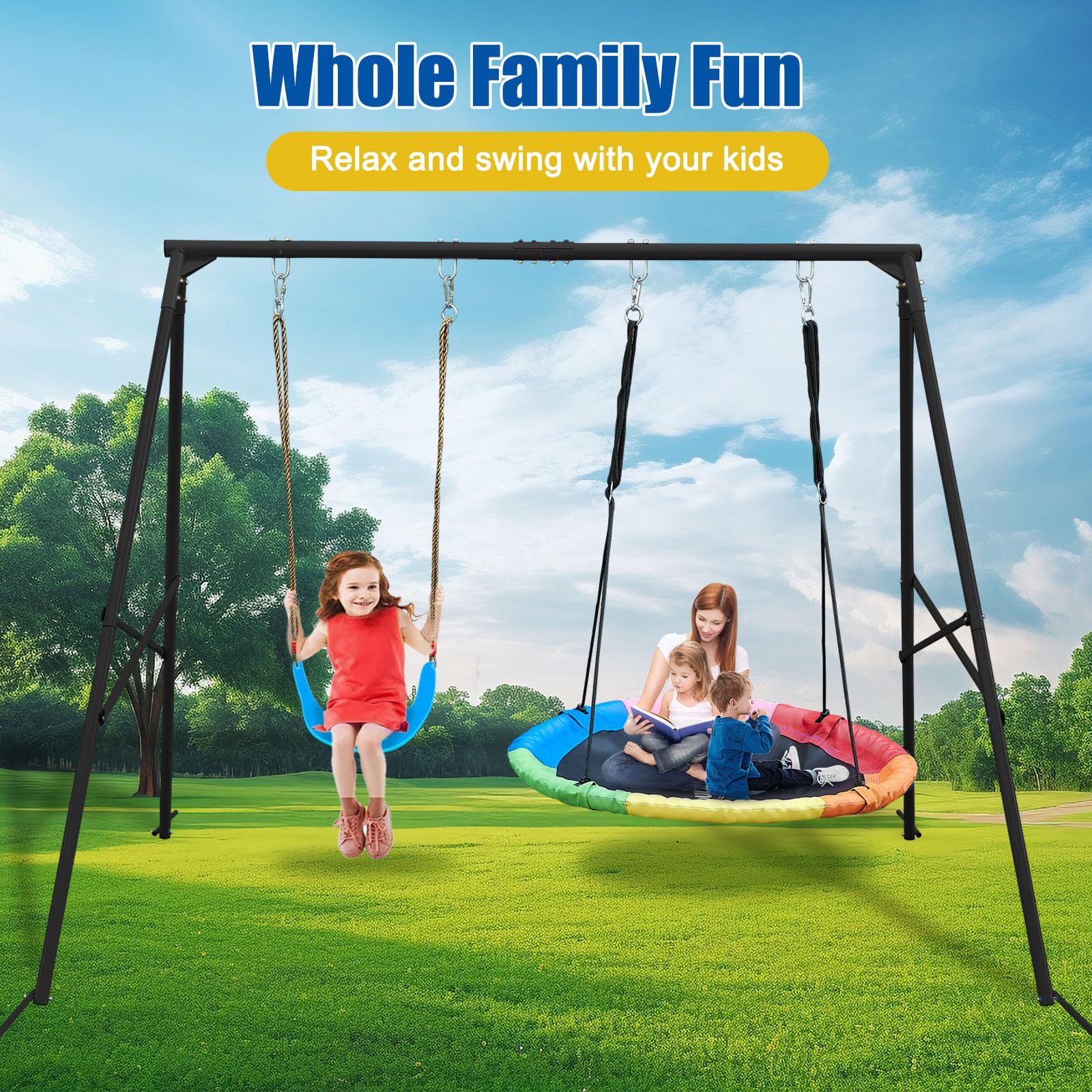 Swing Stand A Frame for 2 Swings,550lbs Metal Saucer Tree Swing Frame Heavy Duty,70” High and 97” Wide,All Weather Resistant Anti-Rust,for Kids Adult Outdoor Backyard(Without Swing) (Black)