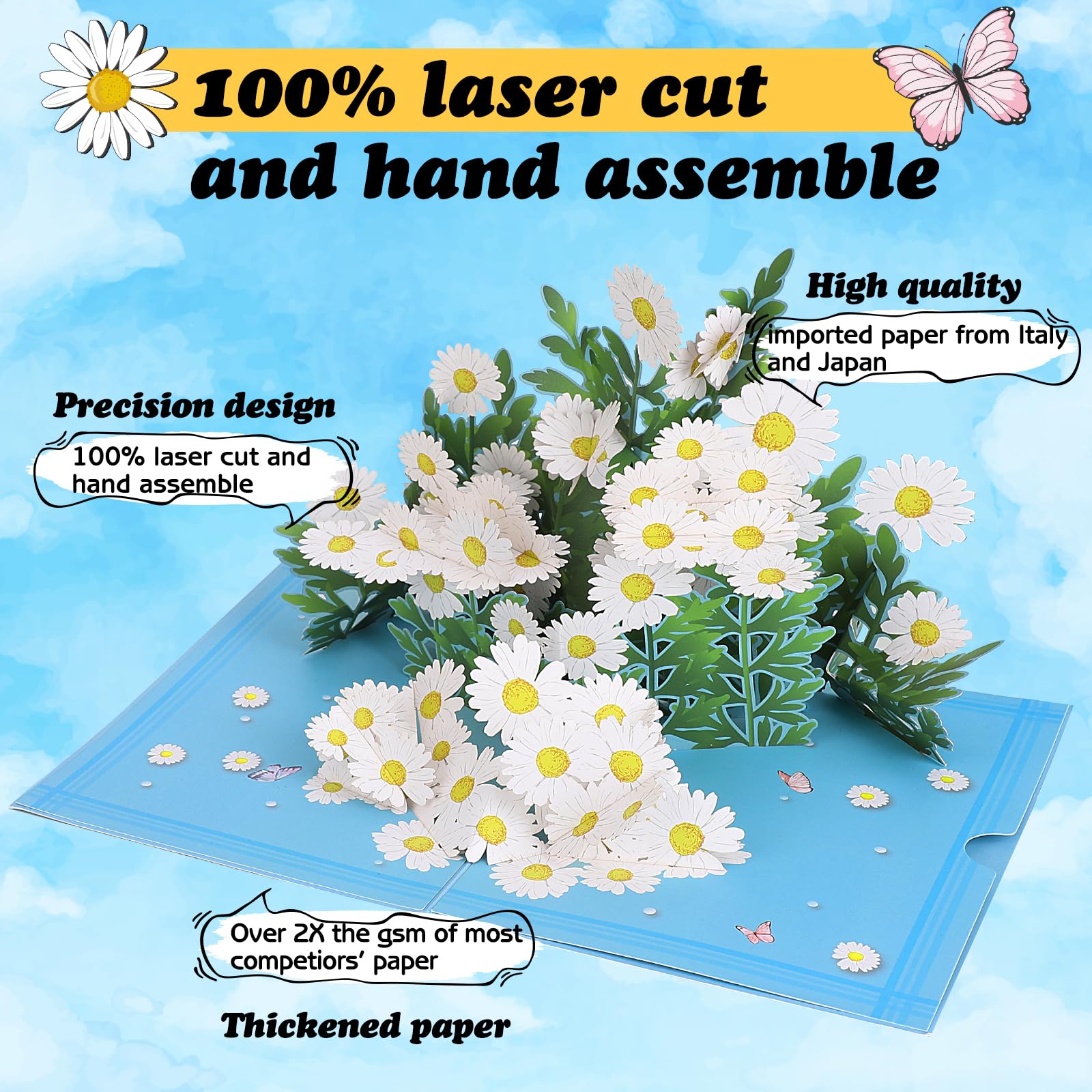 Omgpeike 3D Daisy Flowers Pop Up Card for Teacher Appreciation Gifts, Thank You, Congratulations, Suitable for Mom, Daughter, Wife, Grandma