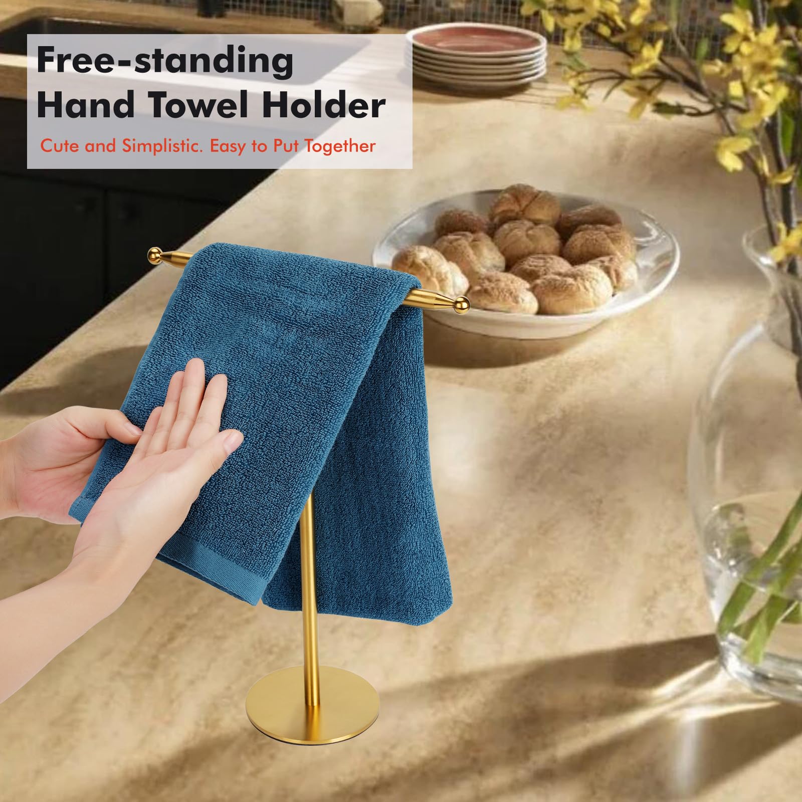 Gold Hand Towel Holder Stand for Bathroom Vanity Countertop Stainless Steel T-Shape Free Standing Towel Rack Stand Towel Bar for Bathroom Kitchen (Gold)