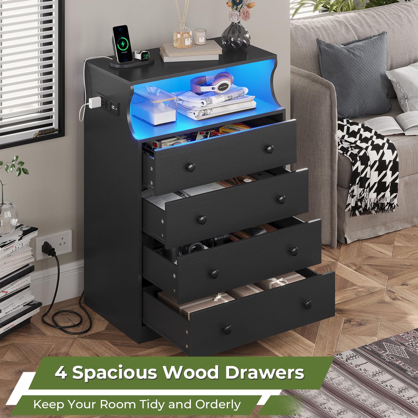 DICTAC Black Drawer Dresser for Bedroom with LED Lights, Chest of 4 Drawers with Charging Station, Tall Dresser with Large Storage Space, Wooden Storage Tower Organizer