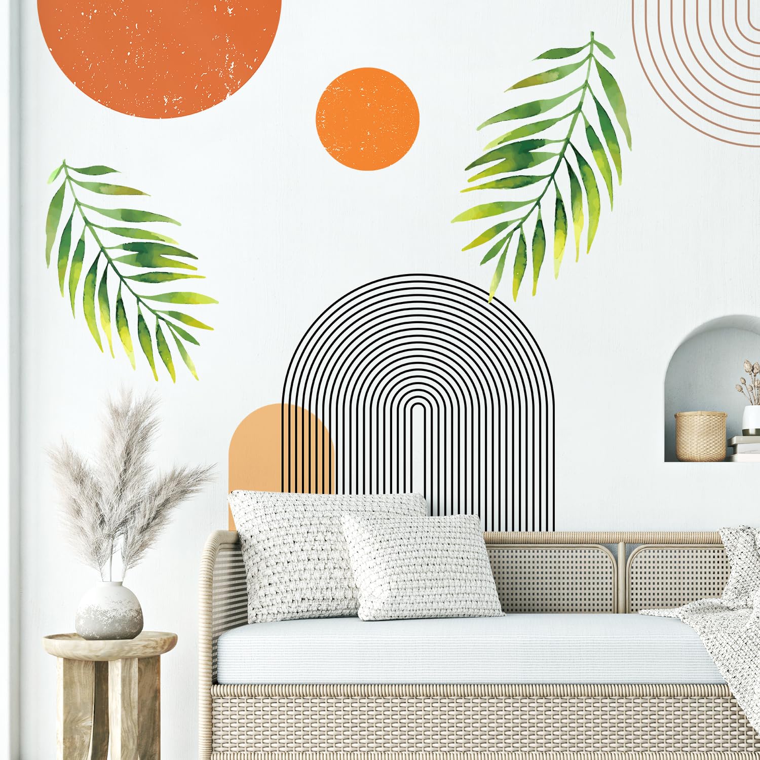 VePret Boho Mid-Century Modern Wall Decals Peel and Stick, Large Archs Sun Vinyl Wall Stickers, Removable Leaves Plants Home Decor Art for Bedroom Living Room Classroom Office