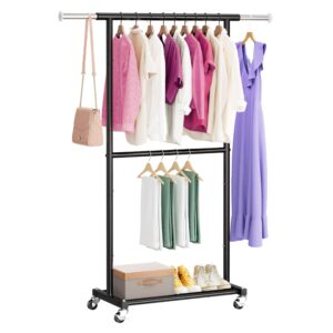 mwq double rod clothes garment rack on wheels, 50in long rolling clothing storage organizer with adjustable rod and shelf, black